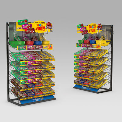 Подгонянный пункт продаж показывает стеллаж для выставки товаров конфеты с регулируемыми подносами